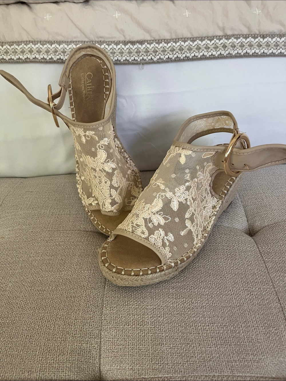 Catherine Malandrino Beige Lace Espadrille Wedge Sandals